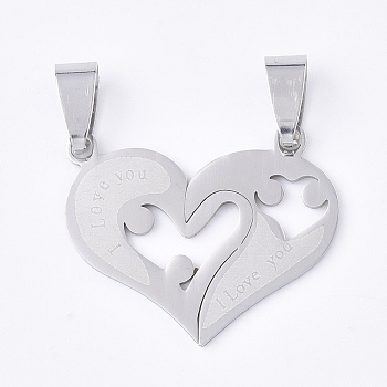 201 Stainless Steel Split Pendants, for Lovers, Heart with Heart, with Word I Love You, For Valentine's Day, Stainless Steel Color, 23.5x29x1mm, Hole: 8x4mm
