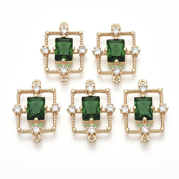 Golden Tone Brass Links connectors, with Faceted Glass and Rhinestone, Rectangle, Sea Green, 19x13.5x3.5mm, Hole: 1mm