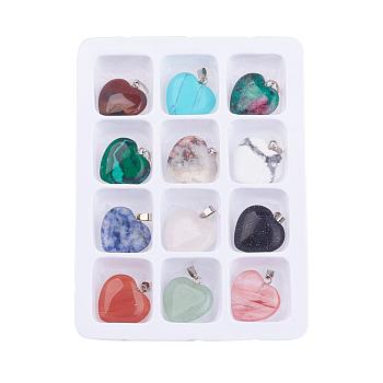 pendentifs de pierres précieuses mélangées naturelles et synthétiques, avec des agrafes en laiton, cœur, 22x21x6 mm, trou: 6 mm