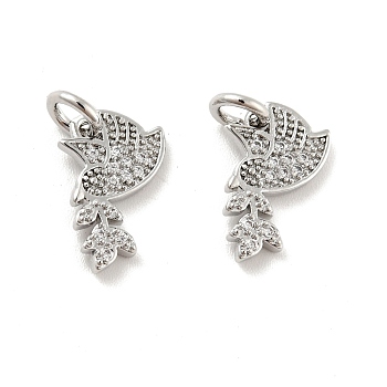 Pigeon with Leaf Brass Micro Pave Clear Cubic Zirconia Charms, with Jump Rings, Cadmium Free & Lead Free, Platinum, 13.5x7.5x1.5mm, Hole: 3mm