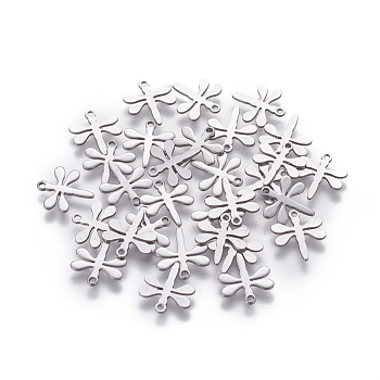 201 Stainless Steel Charms, Dragonfly, Stainless Steel Color, 11.5x10x0.7mm, Hole: 1mm