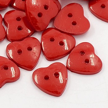 Acrylic Heart Buttons, Plastic Sewing Buttons for Costume Design, 2-Hole, Dyed, Dark Red, 14x14x3mm, Hole: 1mm