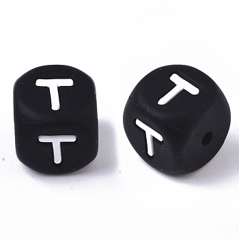 Food Grade Eco-Friendly Silicone Beads, Horizontal Hole, Chewing Beads For Teethers, DIY Nursing Necklaces Making, Cube, Black, Letter.T, 12x12x12mm, Hole: 2mm
