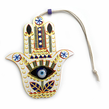 Wood Hamsa Hand/Hand of Miriam with Evil Eye Hanging Ornament, for Car Rear View Mirror Decoration, Cornsilk, 90x65mm