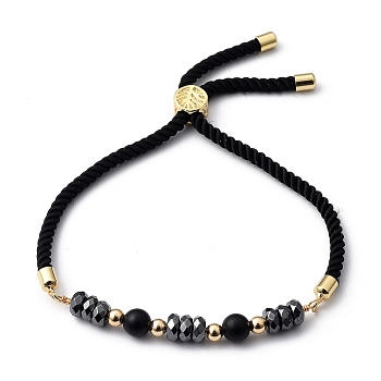 Adjustable Slider Bracelets, Nylon Cord Bracelets, with Natural Black Agate(Dyed & Heated) Beads, Non-Magnetic Synthetic Hematite Beads and Brass Beads, Golden, Inner Diameter: 3/4 inch~3-1/8 inch(2~8cm)