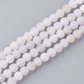 Natural Fire Crackle Agate Bead Strands, Frosted, Dyed, Round, Floral White, 8x7mm, Hole: 1.5mm, about 48pcs/strand, 13.58 inch(34.5cm)