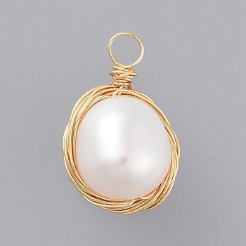Natural Baroque Pearl Keshi Pearl, Cultured Freshwater Pearl Pendants, with Real 18K Gold Plated Copper Wire, Oval, Seashell Color, 17~22x11mm, Hole: 2.5mm