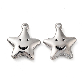 304 Stainless Steel Pendants, with Enamel, Star with Smiling Face Charm, Stainless Steel Color, 17x15x3.2mm, Hole: 1.4mm