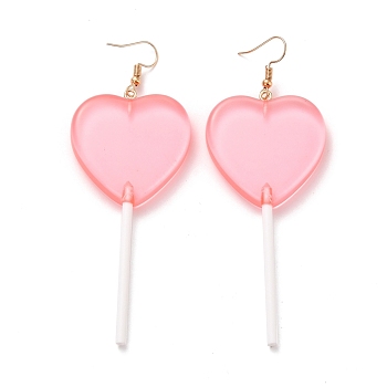Transparent Heart-shape Lollipop Dangle Earrings for Women, Candy Color Simulation Food Drop Earrings, Golden, Pink, 97~99mm, Pin: 0.5mm