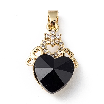Real 18K Gold Plated Rack Plating Brass Micro Pave Clear Cubic Zirconia Pendants, with Glass, Long-Lasting Plated, Cadmium Free & Lead Free, Heart Charm, Black, 24x16x8mm, Hole: 5mm