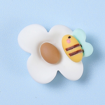 Opaque Resin Cabochons, Bees with Flower, White, 25x22mm