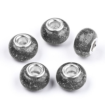 Epoxy Resin European Beads, Large Hole Beads, with Glitter Powder and Platinum Tone Brass Double Cores, Rondelle, Gray, 14x9mm, Hole: 5mm