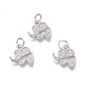 Brass Micro Pave Cubic Zirconia Pendants, Elephant, Clear, Platinum, 10x11x2mm, Hole: 3mm