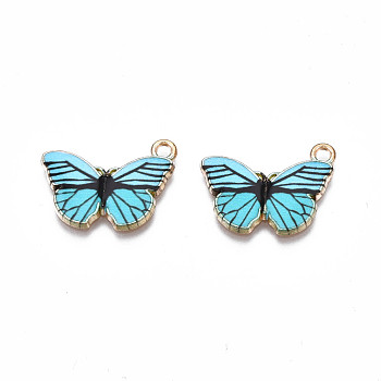 Printed Alloy Pendants, Cadmium Free & Nickel Free & Lead Free, Light Gold, Butterfly, Light Sea Green, 15x20x1.5mm, Hole: 1.8mm