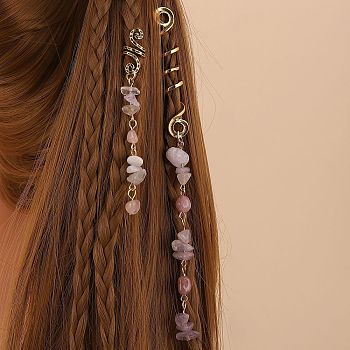 Alloy Dreadlocks Beads, Rose Quartz Braiding Hair Pendants Decoration Clips, 85~140x10mm, 2pcs/set