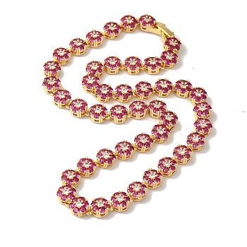 Rack Plating Brass Pave Cubic Zirconia Flower Link Necklaces for Women, Cadmium Free & Lead Free, Long-Lasting Plated, Real 18K Gold Plated, Magenta, 16.26 inch(413mm)