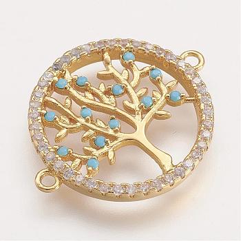 Brass Micro Pave Cubic Zirconia Links, Flat Round with Tree of Life, Golden, 24x19x2mm, Hole: 1mm