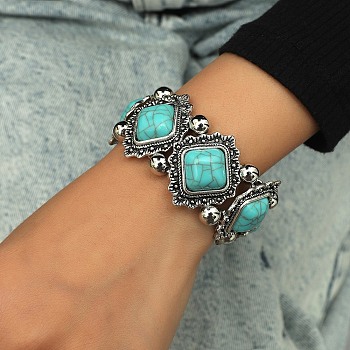 Bohemia Style Alloy Rhombus Beaded Stretch Bracelet, with Acrylic Imitation Turquoise Beaded, Antique Silver, Inner Diameter: 2-1/8 inch(5.3cm)