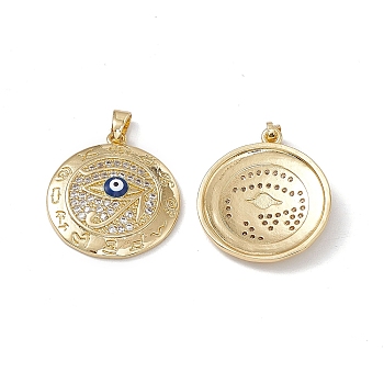Brass Clear Cubic Zirconia Pendant with Enamel Evil Eye, Flat Round with Eye of Ra Charm, Real 18K Gold Plated, 23x20.5x4mm, Hole: 5mm