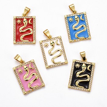Brass Micro Pave Clear Cubic Zirconia Pendants, with Enamel, Long-Lasting Plated, Real 18K Gold Plated, Rectangle with Snake, Mixed Color, 26x17.5x2.5mm, Hole: 3.5x5.5mm