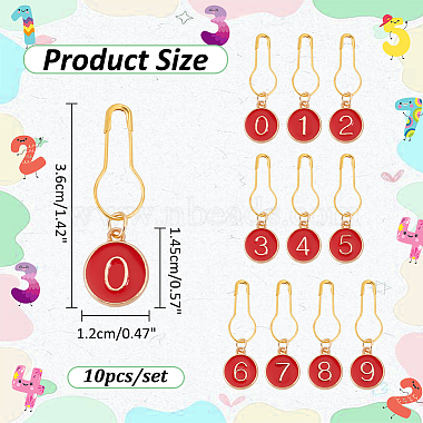 10個 10 スタイル 番号 0~9 合金エナメルペンダントステッチマーカー(HJEW-AB00583)-2