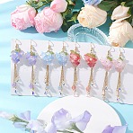 Transparent Two Tone Spray Painted Glass & Acrylic Dangle Earrings, with Natural & Dyed Malaysia Jade Bead, Butterfly with Flower, Golden, Mixed Color, 99mm(EJEW-JE06923)