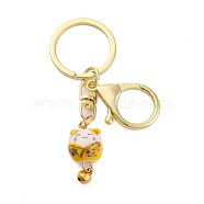 Fortune Cat Porcelain Pendant Keychain, with Iron Keychain Ring and Alloy Lobster Claw Clasps, Gold, 8.5cm(KEYC-G064-03B)