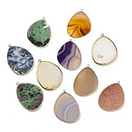 Natural Mixed Stone Pendants, Rack Plating Brass Egg Charms, Golden, 41.5~43x30.5~31x2.4mm, Hole: 1.3~2mm(G-K347-02G-A)