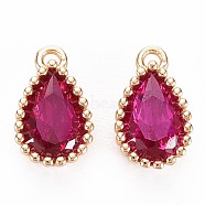 Brass Inlaid Cubic Zirconia Charms, Nickel Free, Long-Lasting Plated, Real 18K Gold Plated, Teardrop, Medium Violet Red, 8x5x2mm, Hole: 0.8mm(KK-S356-771H)