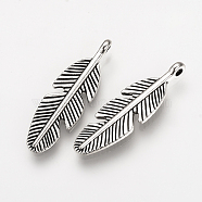 Tibetan Style Alloy Pendants, Feather, Cadmium Free & Lead Free, Antique Silver, 28x8.5x2mm, Hole: 1.5mm, about 720pcs/1000g(TIBEP-Q078-27AS-RS)