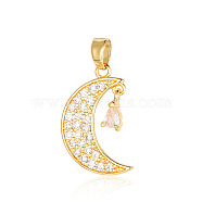 Brass Micro Pave Clear Cubic Zirconia Pendants, Moon Charms, Real 18K Gold Plated, 20x12x1.8mm(ZIRC-OY001-13G)