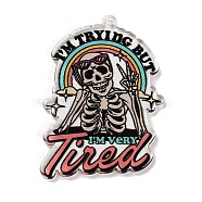 Acrylic Pendants, Hallowmas Series Charms, Skull, Word, 42x31x2.3mm, Hole: 1.6mm(FIND-B036-06A)