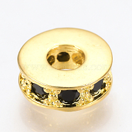 Brass Micro Pave Cubic Zirconia Beads, Flat Round, Black, Golden, 7x3mm, Hole: 3mm(ZIRC-Q013-138G)