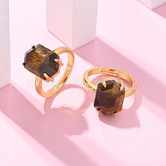 Hexagon Natural Tiger Eye Finger Rings, Golden Tone Brass Cuff Rings, Rack Plating, Long-Lasting Plated, Lead Free & Cadmium Free, Hexagon: 10x14mm, Inner Diameter: 17mm(RJEW-B113-02G-05)