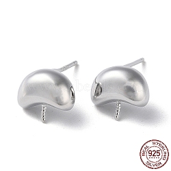 Rhodium Plated 925 Sterling Silver Stud Earring Findings, Moon, for Half Drilled Beads, with S925 Stamp, Real Platinum Plated, 9x10mm, Pin: 11x0.6mm and 0.7mm(STER-M115-19P)