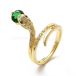 Cubic Zirconia Snake with Glass Wrap Adjustable Ring, Real 18K Gold Plated Brass Jewelry for Women, Green, US Size 7 3/4(17.9mm)(KK-H439-02C-G)