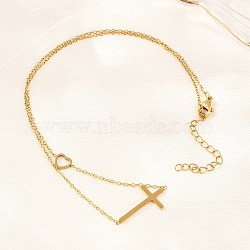 Religion 304 Stainless Steel Heart Cross Link Chain Necklaces, Ion Plating(IP), Long-Lasting Plated, Golden, 18.50 inch(47cm)(NJEW-H093-03G)