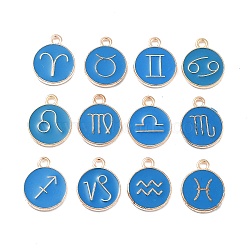 Alloy Enamel Pendants, Flat Round with Constellation/Zodiac Sign, Golden, Dodger Blue, 15x12x2mm, Hole: 1.5mm, about 12pcs/set(ENAM-S124-01B-02-01)