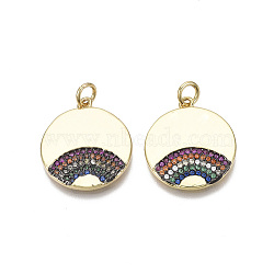 Brass Micro Pave Cubic Zirconia Pendants, with Jump Ring, Nickel Free, Flat Round with rainbow, Colorful, Real 18K Gold Plated, 20.5x18x2mm, Hole: 3mm(KK-R133-017-NF)