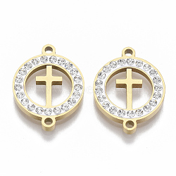 201 Stainless Steel Links connectors, with Polymer Clay Crystal Rhinestone, for Religion, Flat Round with Cross, Golden, 20x15x2.5mm, Hole: 1.6mm(STAS-N091-02G)