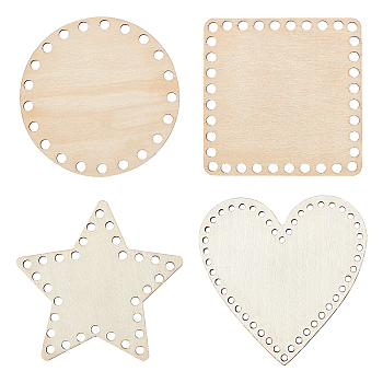 Elite 4Pcs 4 Style Wooden Needlecraft Cross-stitch Embroidered Blank Frame, Star & Heart & Square & Flat Round, BurlyWood, 10~10.5x10~10.5x0.25cm, Hole: 3.5~6mm, 1pc/style