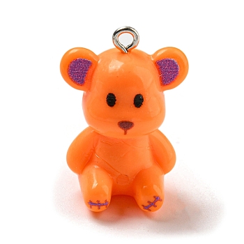 10Pcs Opaque Resin Pendants, Bear Charms with Platinum Plated Iron Loops, Dark Orange, 27.5x19x16.5mm, Hole: 2mm
