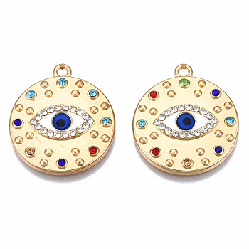 Rack Plating Alloy Enamel Pendants, with Colorful Rhinestone, Cadmium Free & Nickel Free & Lead Free, Flat Round with Evil Eye, Light Gold, 25x22x3mm, Hole: 1.8mm