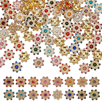 WADORN 160Pcs 16 Style Flower Glass Rhinestone Ornament Accessories, with Golden ABS Plastic Base, Mixed Color, 15x14~15x5mm, 10pcs/style