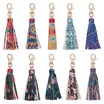 WADORN 10Pcs 10 Style PU Leather Tassel Big Pendants Decorations, with Zinc Alloy Clasp, for Women's Bag Hanging Ornament, Mixed Patterns, 12.6cm, 1pc/style
