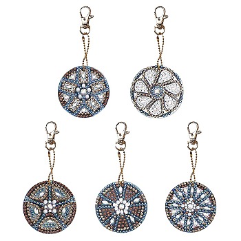 Acrylic Diamond Flat Round Pendant Keychain Kits, with Alloy Findings, including Point Drill Plate, Point Drill Mud, Point Drill Pen, Ball Chain, Swivel Clasp, Mixed Color, 5.5x5.5cm