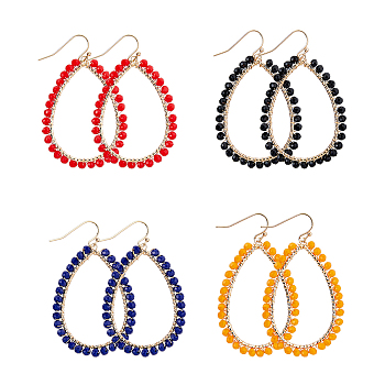 4 Pairs 4 Colors Glass Seed Beaded Teardrop Dangle Earrings, Golden Alloy Long Drop Earrings, Mixed Color, 57x36mm, 1 Pair/color