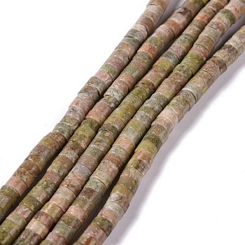 Natural Unakite Beads Strands, Flat Round, 6x3mm, Hole: 1mm, about 108~111pcs/strand, 15.08~15.35 inch(38.3~39cm)