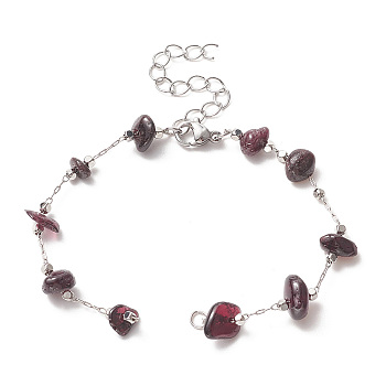 Natural Garnet Chips Bead Link Chain Bracelet Making, with Lobster Clasp, Silver, 6-1/4 inch(16cm)