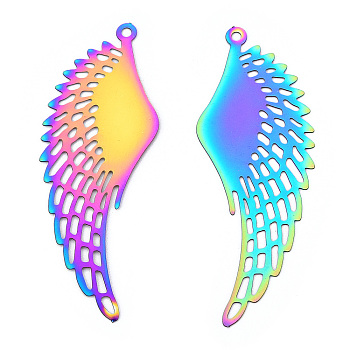 Spray Painted 304 Stainless Steel Filigree Big Pendants, Wing Charm, Rainbow Color, 51x19x0.5mm, Hole: 1.2mm